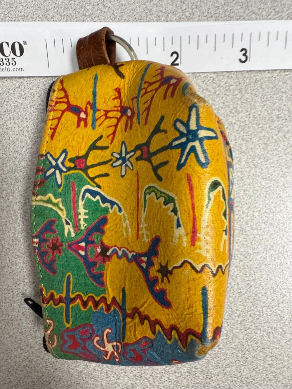 Vintage Colorful Yellow & Green Printed Leather keyring Pouch